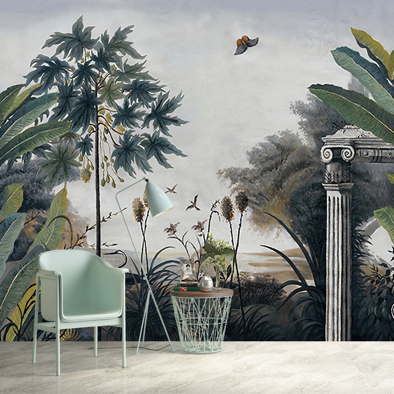 Whole Illustration Tropical Murals with Lakeside Scenery Pattern, Blackish Green Clearhalo 'Wall Decor' 'Wall Mural' 1173067