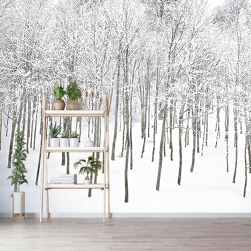 White Winter Rime Forest Mural Moisture-Resistant Wall Decoration for Teens Bedroom Clearhalo 'Wall Decor' 'Wall Mural' 1173077