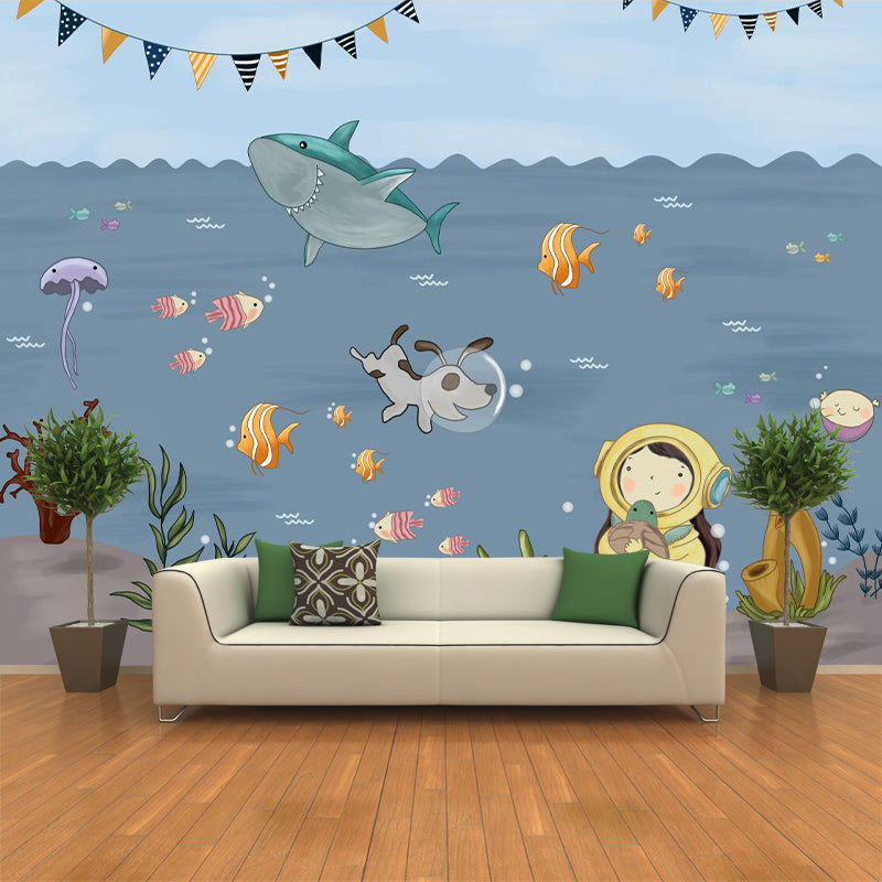 Boys Undersea Adventure Murals Grey and Blue Cartoon Wall Decoration for Childrens Bedroom Gray-Blue Clearhalo 'Wall Decor' 'Wall Mural' 1173100