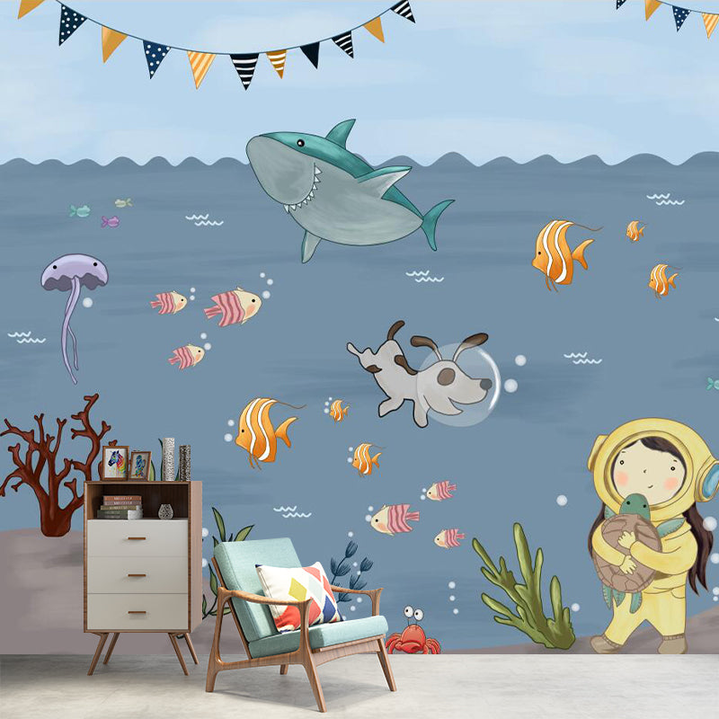 Boys Undersea Adventure Murals Grey and Blue Cartoon Wall Decoration for Childrens Bedroom Clearhalo 'Wall Decor' 'Wall Mural' 1173101