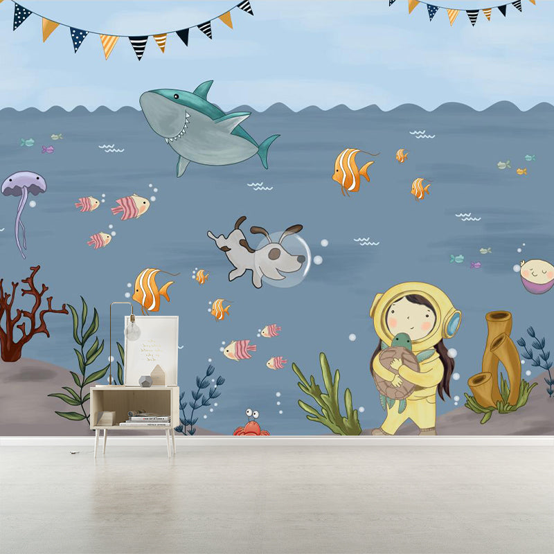 Boys Undersea Adventure Murals Grey and Blue Cartoon Wall Decoration for Childrens Bedroom Clearhalo 'Wall Decor' 'Wall Mural' 1173102