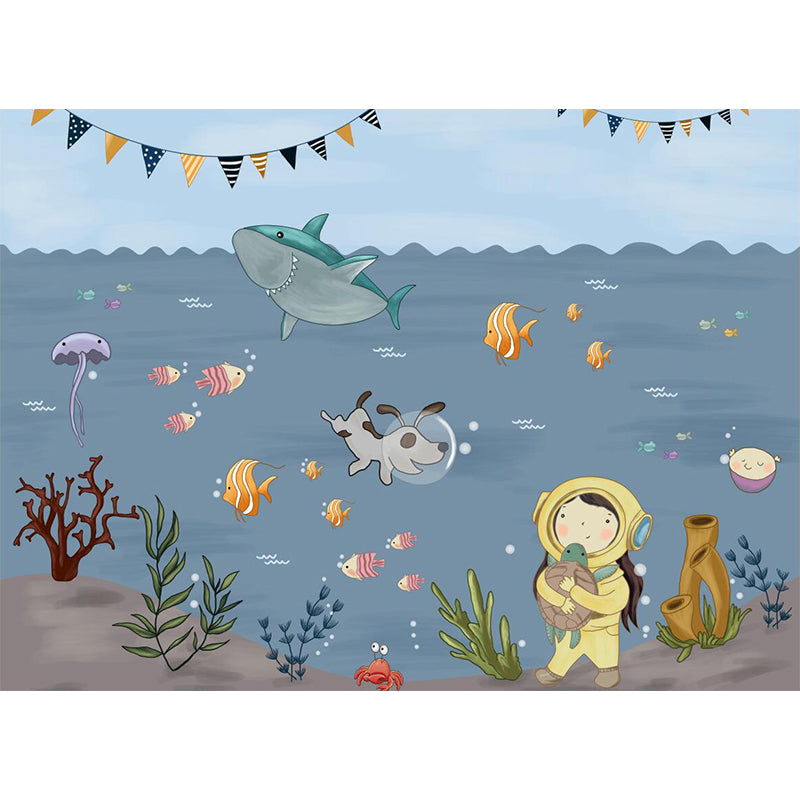 Boys Undersea Adventure Murals Grey and Blue Cartoon Wall Decoration for Childrens Bedroom Clearhalo 'Wall Decor' 'Wall Mural' 1173103