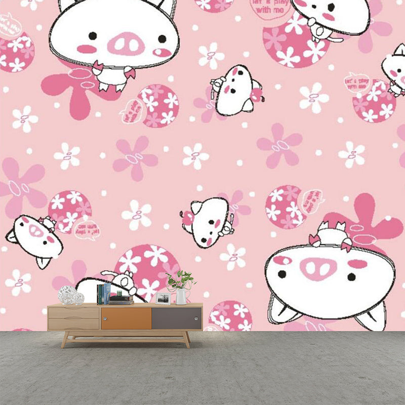 Pink Cat and Pig Murals Cartoon Childrens Art Stain-Proof Wall Covering for Baby Room Pink Clearhalo 'Wall Decor' 'Wall Mural' 1173105