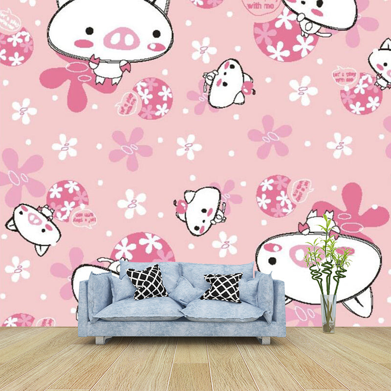 Pink Cat and Pig Murals Cartoon Childrens Art Stain-Proof Wall Covering for Baby Room Clearhalo 'Wall Decor' 'Wall Mural' 1173106