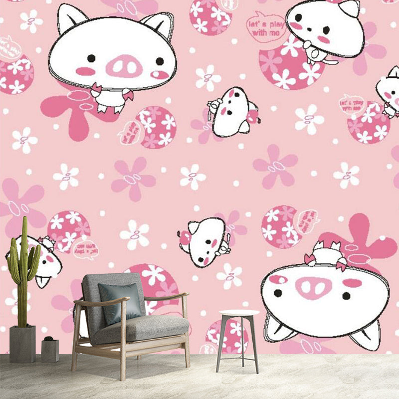 Pink Cat and Pig Murals Cartoon Childrens Art Stain-Proof Wall Covering for Baby Room Clearhalo 'Wall Decor' 'Wall Mural' 1173107