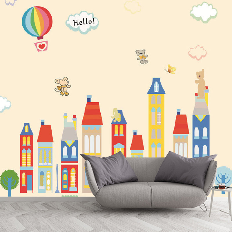 Cartoon Fantasy Houses Wall Mural Pastel Color Stain-Resistant Wall Decor for Kindergarten Clearhalo 'Wall Decor' 'Wall Mural' 1173111