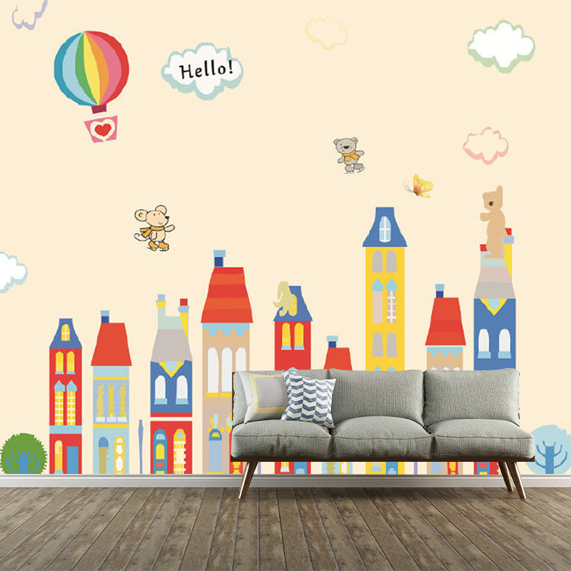 Cartoon Fantasy Houses Wall Mural Pastel Color Stain-Resistant Wall Decor for Kindergarten Clearhalo 'Wall Decor' 'Wall Mural' 1173112