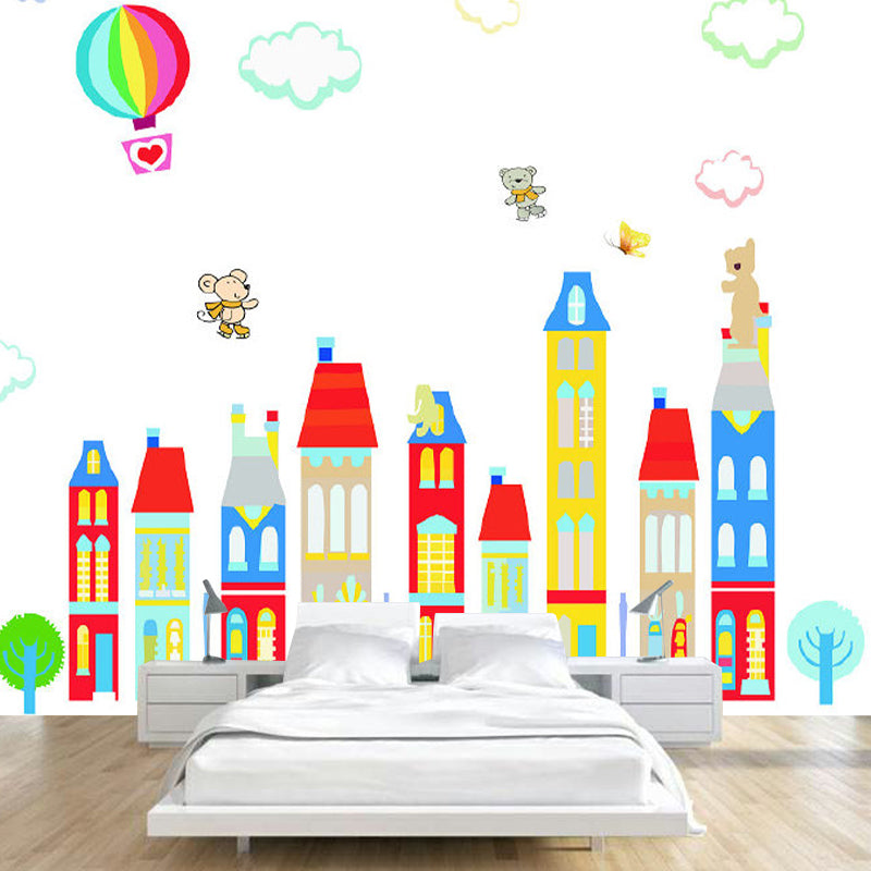 Cartoon Fantasy Houses Wall Mural Pastel Color Stain-Resistant Wall Decor for Kindergarten Clearhalo 'Wall Decor' 'Wall Mural' 1173117