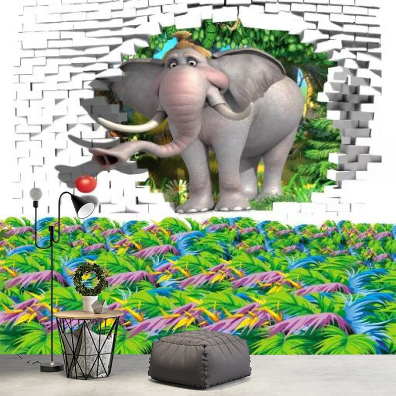 Customized Illustration Cartoon Mural with Elephant in the Brick Hole Pattern in Grey and Green Gray-Green Clearhalo 'Wall Decor' 'Wall Mural' 1173125