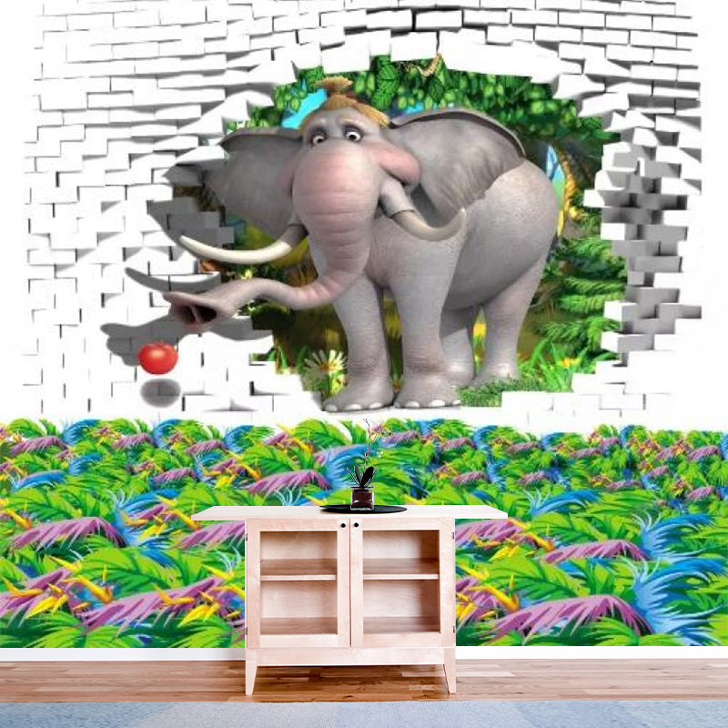 Customized Illustration Cartoon Mural with Elephant in the Brick Hole Pattern in Grey and Green Clearhalo 'Wall Decor' 'Wall Mural' 1173126