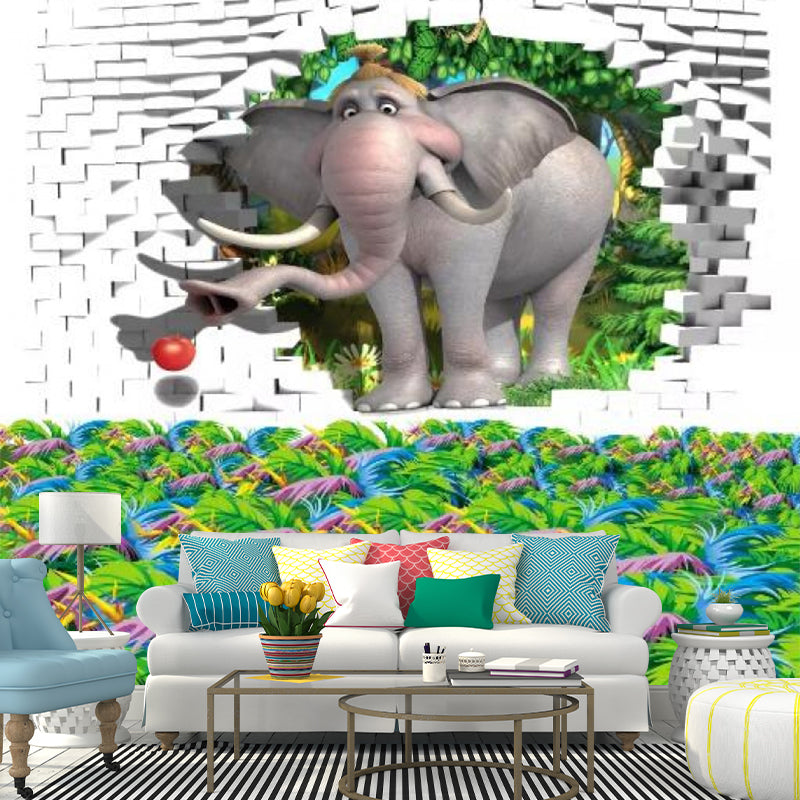 Customized Illustration Cartoon Mural with Elephant in the Brick Hole Pattern in Grey and Green Clearhalo 'Wall Decor' 'Wall Mural' 1173127