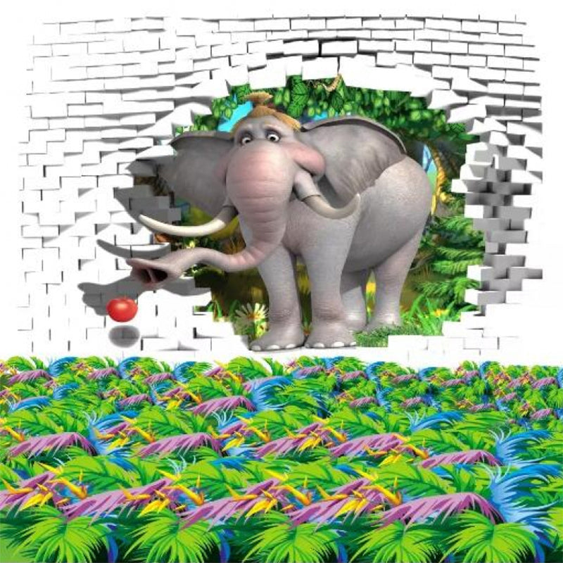 Customized Illustration Cartoon Mural with Elephant in the Brick Hole Pattern in Grey and Green Clearhalo 'Wall Decor' 'Wall Mural' 1173128