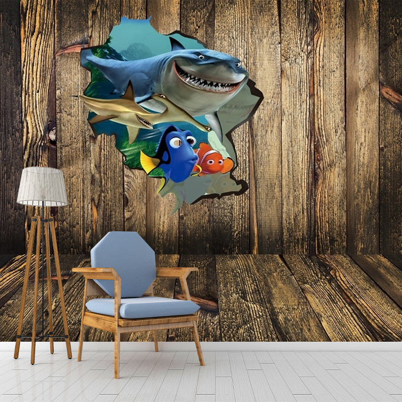 Cartoon Kids Wallpaper Murals with Tropical Fish Outside the Cabin Pattern Brown Wall Art Brown Clearhalo 'Wall Decor' 'Wall Mural' 1173130