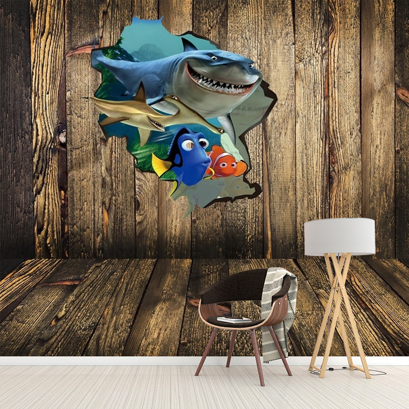 Cartoon Kids Wallpaper Murals with Tropical Fish Outside the Cabin Pattern Brown Wall Art Clearhalo 'Wall Decor' 'Wall Mural' 1173131