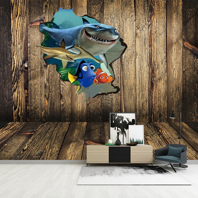 Cartoon Kids Wallpaper Murals with Tropical Fish Outside the Cabin Pattern Brown Wall Art Clearhalo 'Wall Decor' 'Wall Mural' 1173132