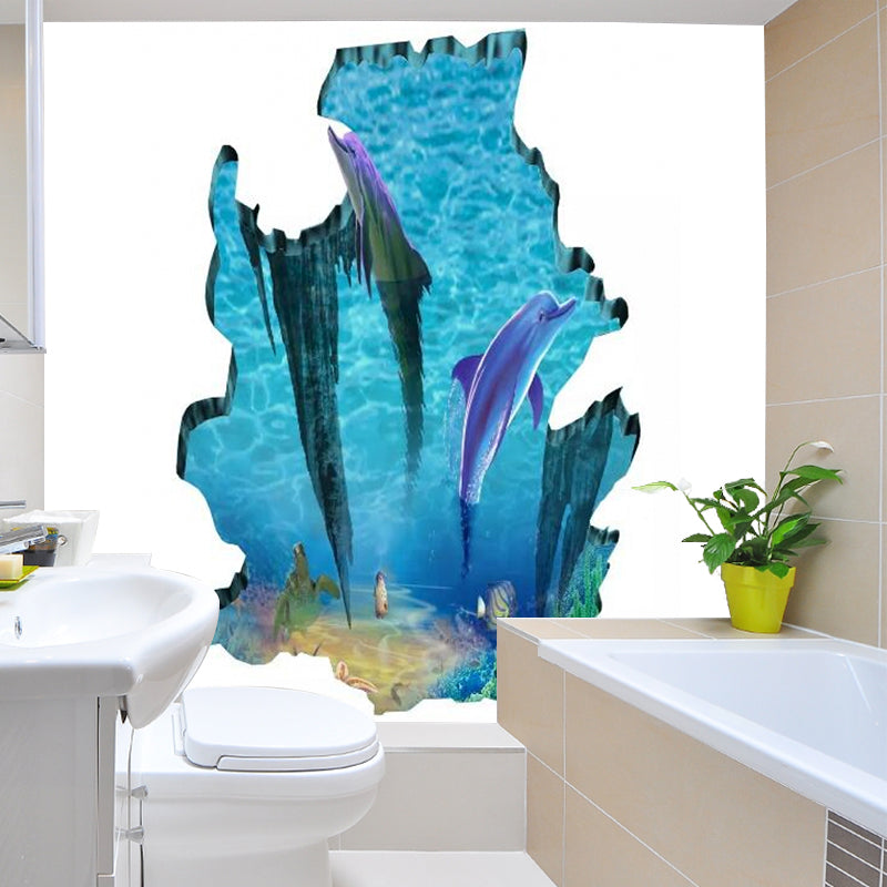 Dolphin in Ice Hole Murals Cartoon Stain-Resistant Childrens Bedroom Wall Decoration, Custom Made Blue Clearhalo 'Wall Decor' 'Wall Mural' 1173140