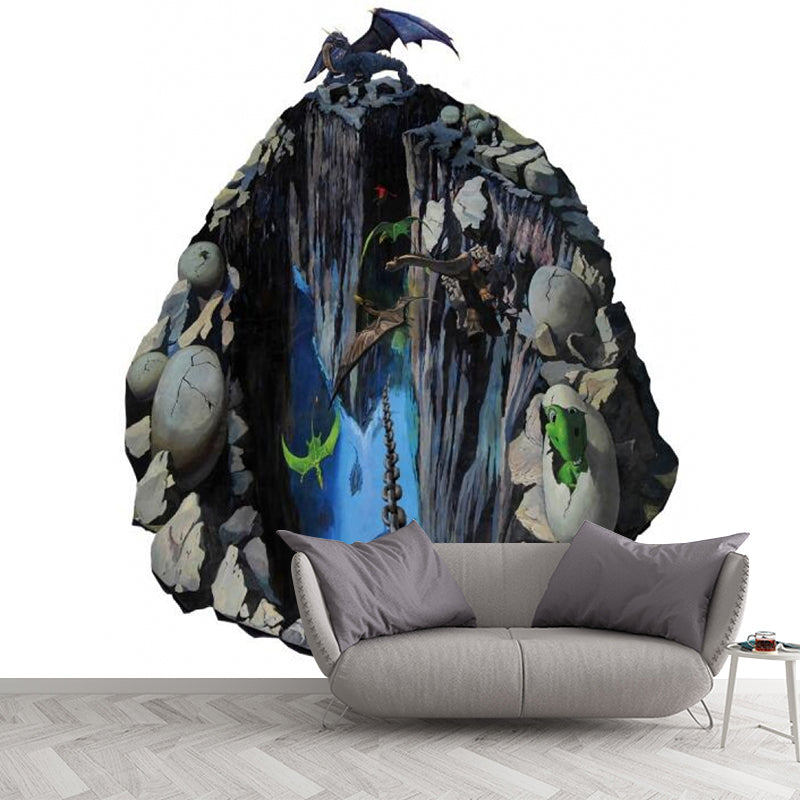 Fantasy Dinosaur Cliff Wall Murals Novelty Non-Woven Fabric Wall Decor in Grey-Blue Gray-Blue Clearhalo 'Wall Decor' 'Wall Mural' 1173145