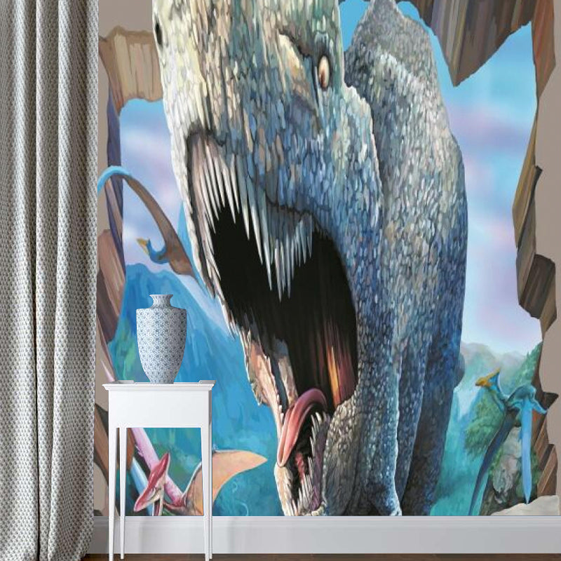 Childrens Art Roaring Dinosaur Mural for Boys Bedroom Personalized Wall Art in Blue-Brown Clearhalo 'Wall Decor' 'Wall Mural' 1173152