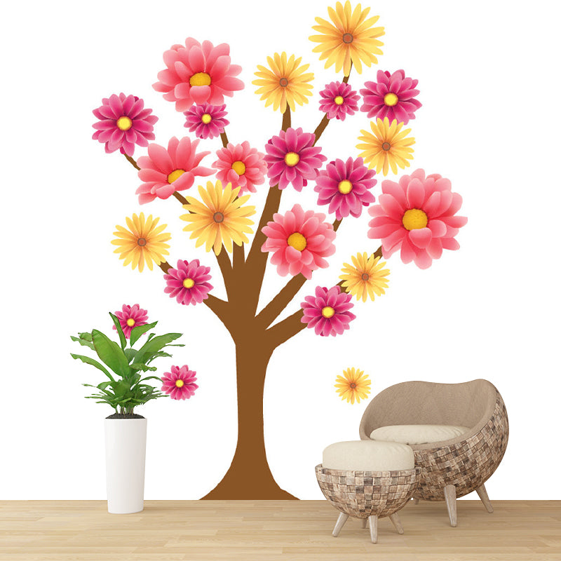 Illustration Flowering Tree Murals Whole Wall Covering for Home Decor, Made to Measure Pink-Yellow Clearhalo 'Wall Decor' 'Wall Mural' 1173155