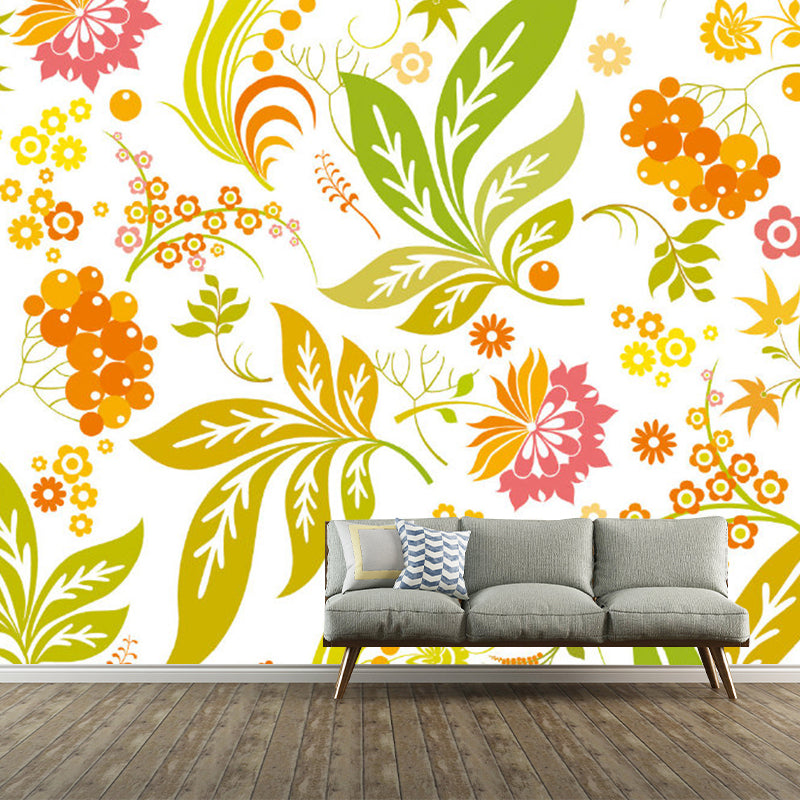 Flower and Leaf Wallpaper Murals Yellow-Green Contemporary Wall Art for Girls Room Yellow-Green Clearhalo 'Wall Decor' 'Wall Mural' 1173165