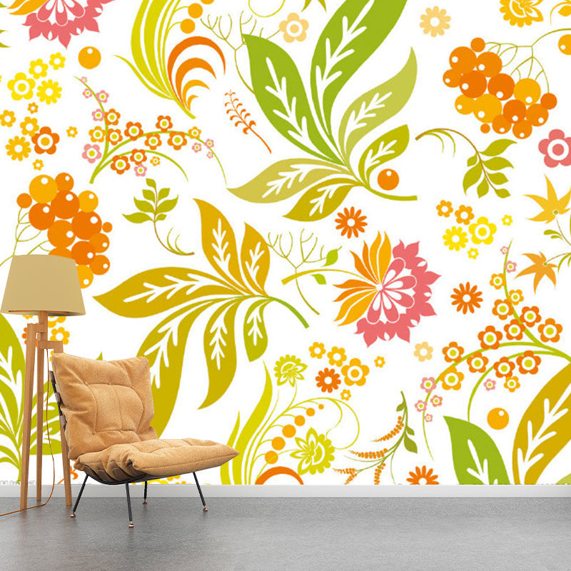 Flower and Leaf Wallpaper Murals Yellow-Green Contemporary Wall Art for Girls Room Clearhalo 'Wall Decor' 'Wall Mural' 1173166