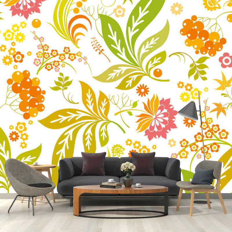 Flower and Leaf Wallpaper Murals Yellow-Green Contemporary Wall Art for Girls Room Clearhalo 'Wall Decor' 'Wall Mural' 1173167