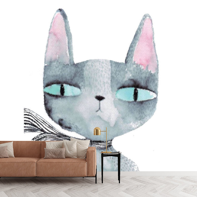 Childrens Art Cartoon Cat Murals Grey Stain-Resistant Wall Covering for Girls Bedroom Grey Clearhalo 'Wall Decor' 'Wall Mural' 1173180