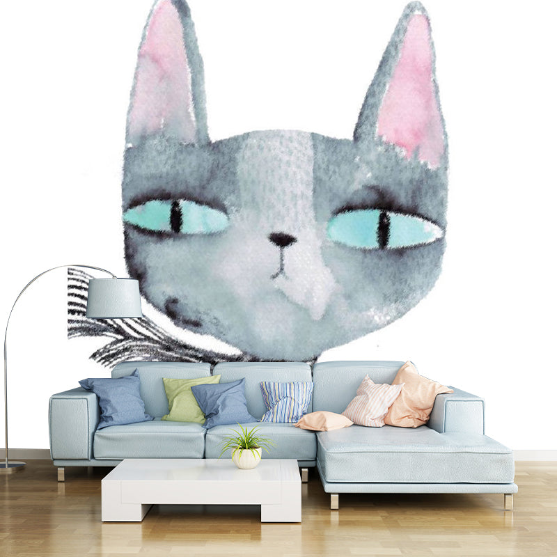 Childrens Art Cartoon Cat Murals Grey Stain-Resistant Wall Covering for Girls Bedroom Clearhalo 'Wall Decor' 'Wall Mural' 1173181