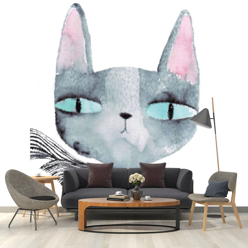 Childrens Art Cartoon Cat Murals Grey Stain-Resistant Wall Covering for Girls Bedroom Clearhalo 'Wall Decor' 'Wall Mural' 1173182