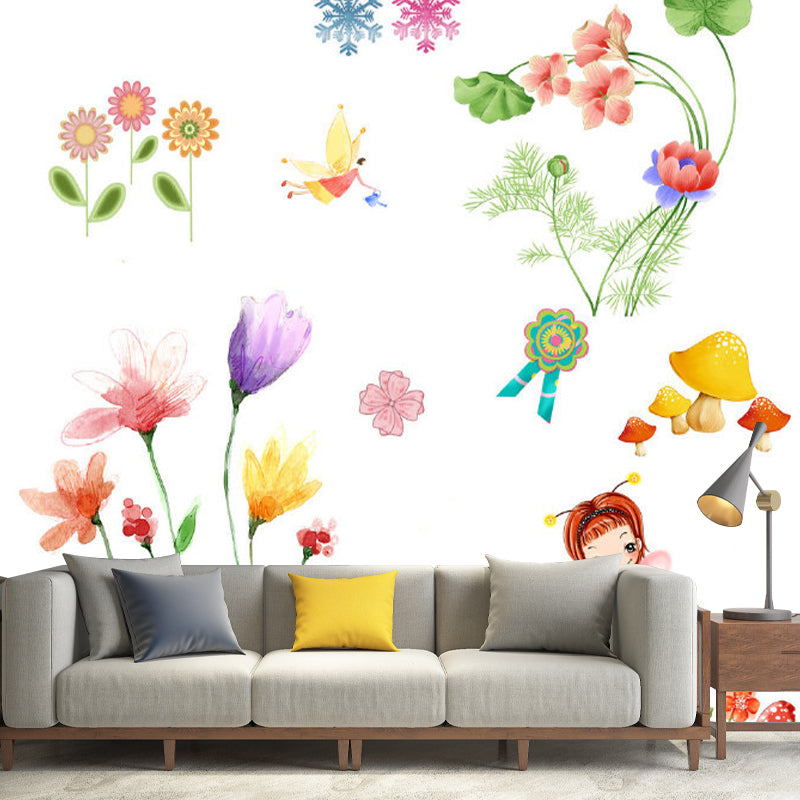 Cartoon Fairy and Flowers Mural Non-Woven Stain Proof Colorful Wall Covering for Child Room Red-Yellow-Blue-Green Clearhalo 'Wall Decor' 'Wall Mural' 1173185