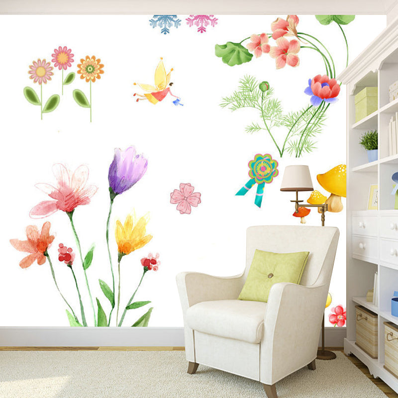 Cartoon Fairy and Flowers Mural Non-Woven Stain Proof Colorful Wall Covering for Child Room Clearhalo 'Wall Decor' 'Wall Mural' 1173186