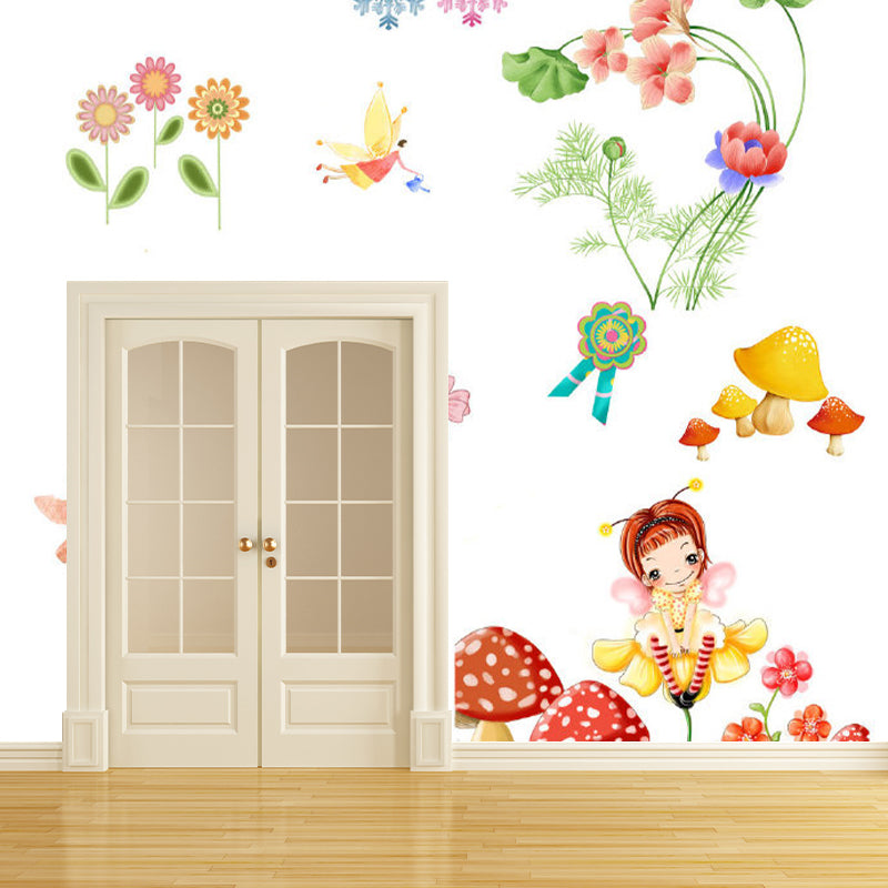 Cartoon Fairy and Flowers Mural Non-Woven Stain Proof Colorful Wall Covering for Child Room Clearhalo 'Wall Decor' 'Wall Mural' 1173187