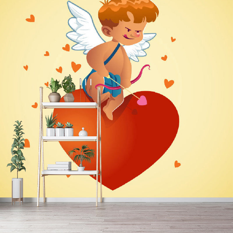 Full Size Cartoon Character Murals Childrens Art Cute Cupid Boy Wall Art in Red-Yellow Red-Yellow Clearhalo 'Wall Decor' 'Wall Mural' 1173195