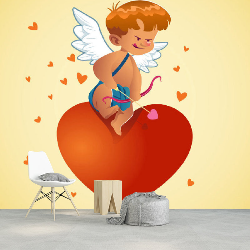 Full Size Cartoon Character Murals Childrens Art Cute Cupid Boy Wall Art in Red-Yellow Clearhalo 'Wall Decor' 'Wall Mural' 1173196