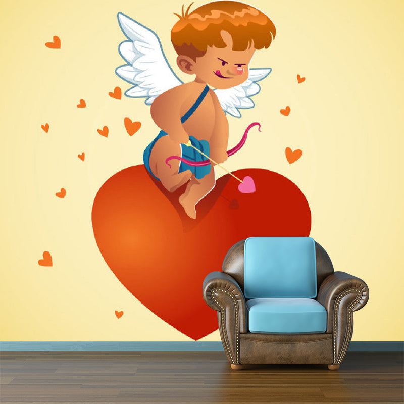 Full Size Cartoon Character Murals Childrens Art Cute Cupid Boy Wall Art in Red-Yellow Clearhalo 'Wall Decor' 'Wall Mural' 1173197