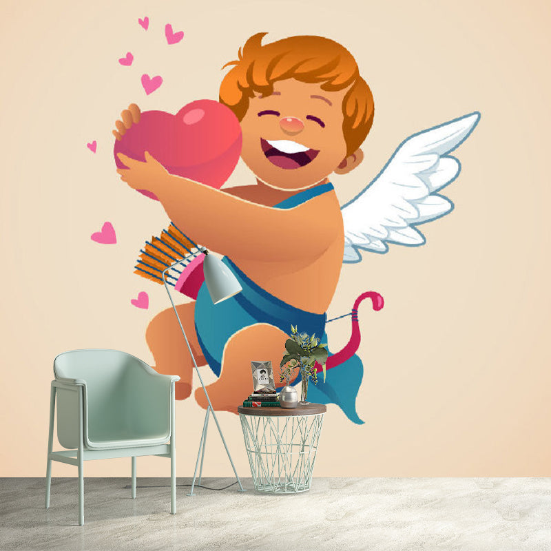 Cartoon Young Cupid Murals in Red Brown Daycare Center Wall Decor, Made to Measure Clearhalo 'Wall Decor' 'Wall Mural' 1173202