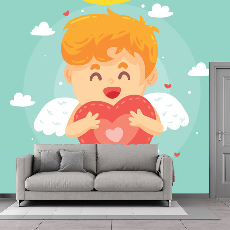 Custom Illustration Cartoon Mural Wallpaper with Angel Boy Pattern in Red and Green Clearhalo 'Wall Decor' 'Wall Mural' 1173206