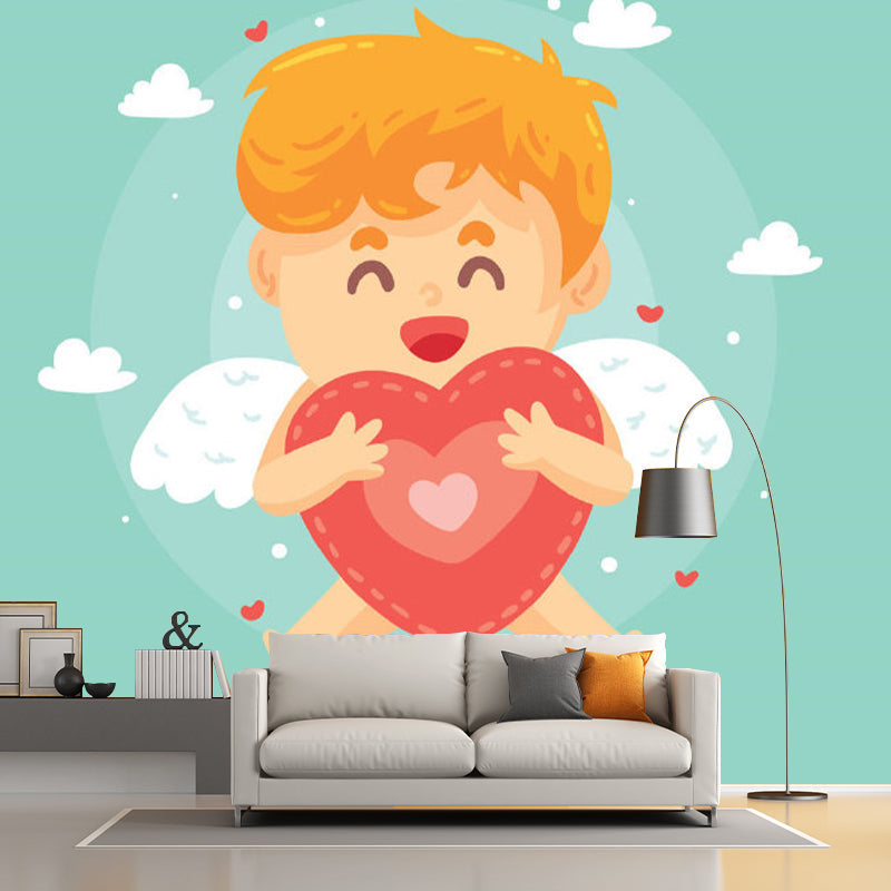 Custom Illustration Cartoon Mural Wallpaper with Angel Boy Pattern in Red and Green Clearhalo 'Wall Decor' 'Wall Mural' 1173207