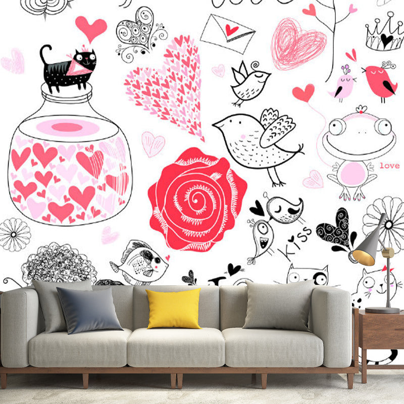 Hand-Print Cartoon Character Murals Childrens Art Smooth Wall Covering in Black-Pink Clearhalo 'Wall Decor' 'Wall Mural' 1173227