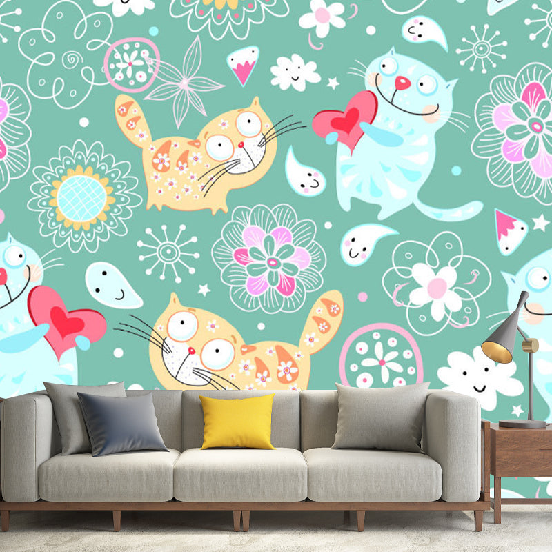 Full Size Cartoon Wall Murals Yellow and Blue Kitten Wall Covering, Custom Size Available Yellow-Blue Clearhalo 'Wall Decor' 'Wall Mural' 1173230