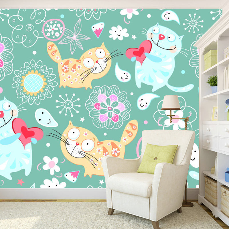 Full Size Cartoon Wall Murals Yellow and Blue Kitten Wall Covering, Custom Size Available Clearhalo 'Wall Decor' 'Wall Mural' 1173232