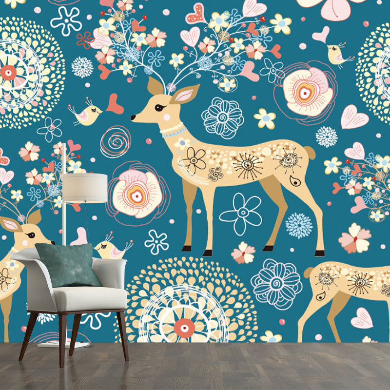 Yellow-Blue Sika Deer Murals Animal Childrens Art Moisture Resistant Wall Decor for Nursery Clearhalo 'Wall Decor' 'Wall Mural' 1173236