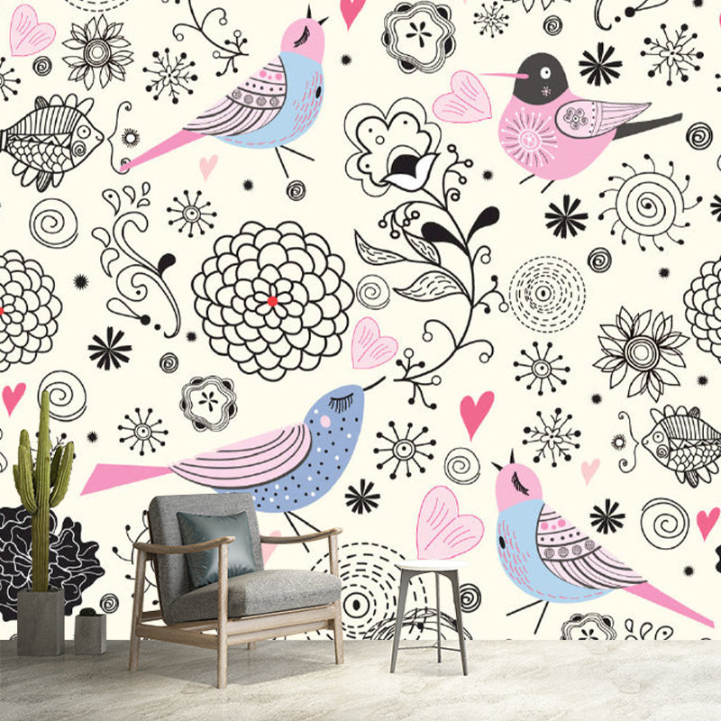 Large Bird and Flower Mural Black-Pink Non-Woven Wall Art, Stain Resistant, Personalized Size Black-Pink Clearhalo 'Wall Decor' 'Wall Mural' 1173240