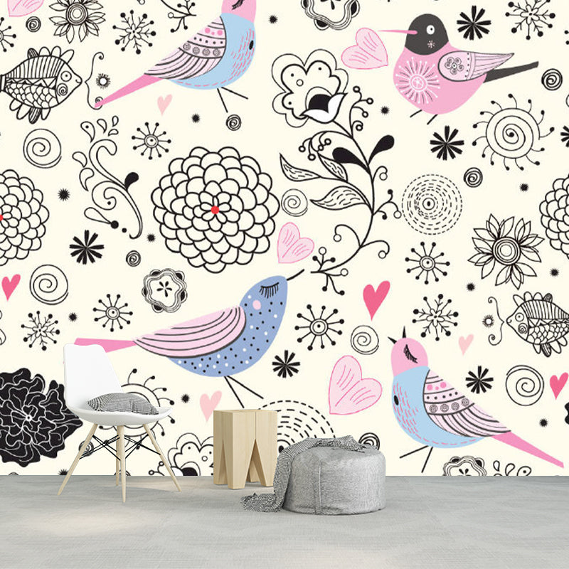 Large Bird and Flower Mural Black-Pink Non-Woven Wall Art, Stain Resistant, Personalized Size Clearhalo 'Wall Decor' 'Wall Mural' 1173241