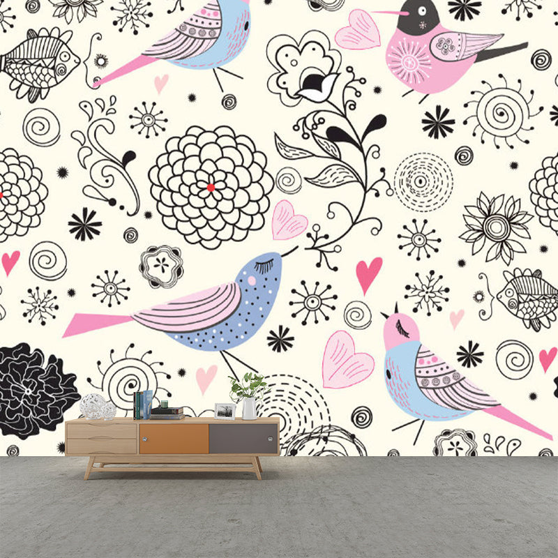 Large Bird and Flower Mural Black-Pink Non-Woven Wall Art, Stain Resistant, Personalized Size Clearhalo 'Wall Decor' 'Wall Mural' 1173242