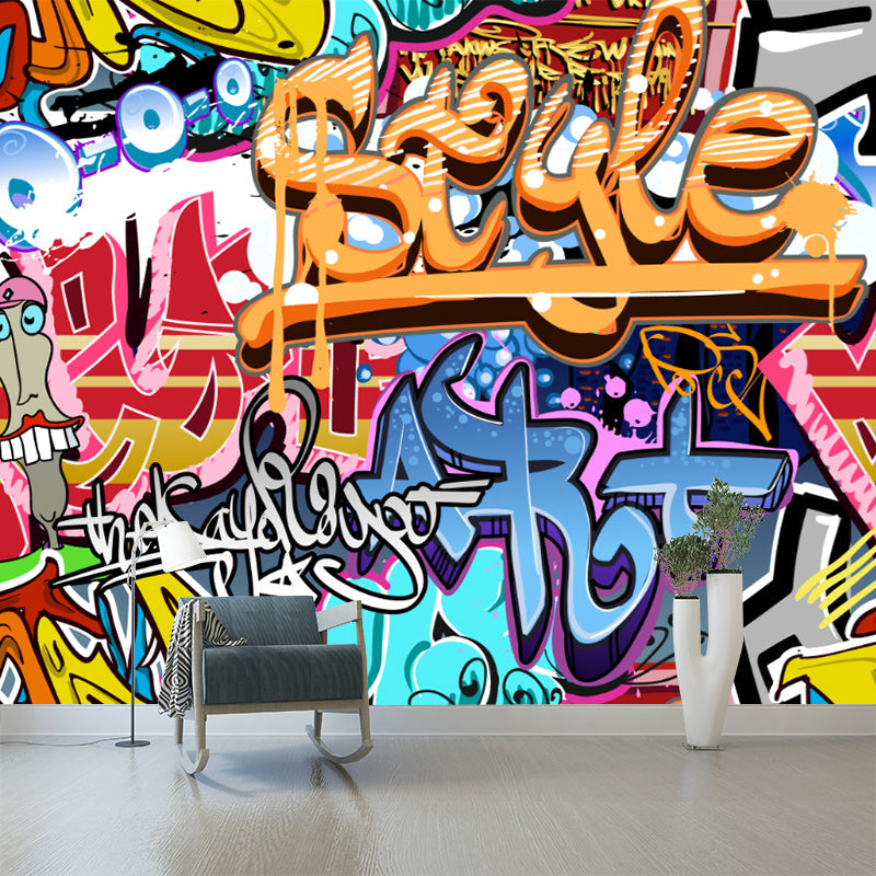 Graffiti Mural Wallpaper Contemporary Stain Resistant Bedroom Wall Decoration, Custom-Made Red-Yellow-Blue Clearhalo 'Wall Decor' 'Wall Mural' 1173245