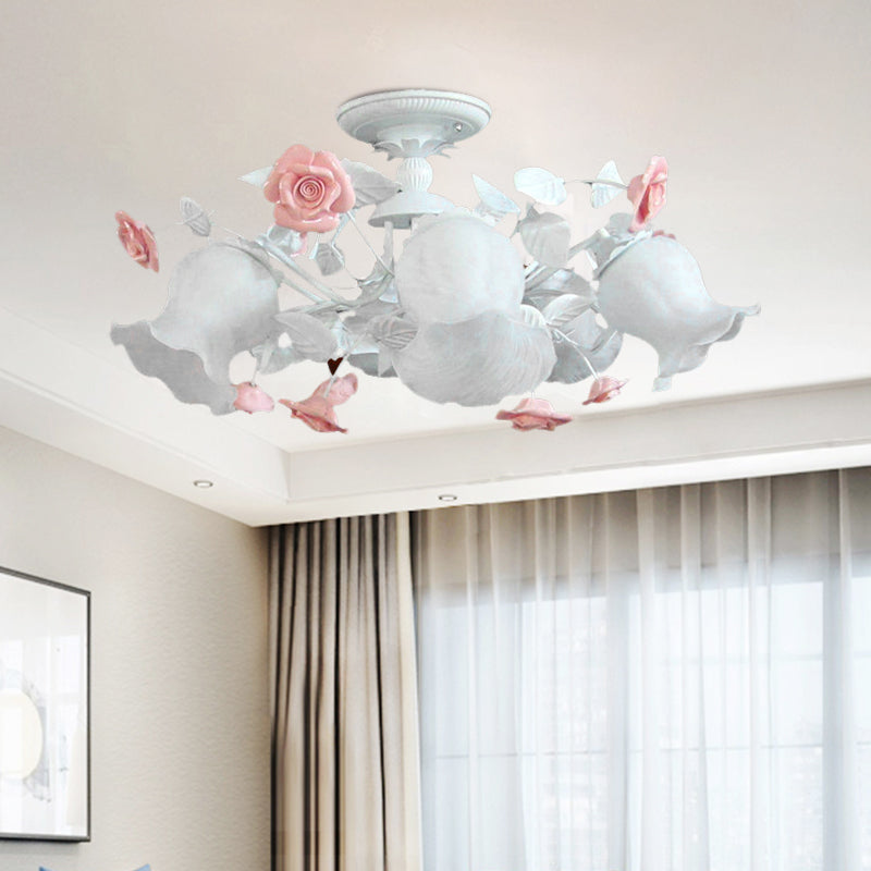 6 Heads Semi Flush Light Korean Garden Blossom White Glass Flush Mount Lighting Fixture White Clearhalo 'Ceiling Lights' 'Close To Ceiling Lights' 'Close to ceiling' 'Glass shade' 'Glass' 'Semi-flushmount' Lighting' 1173618