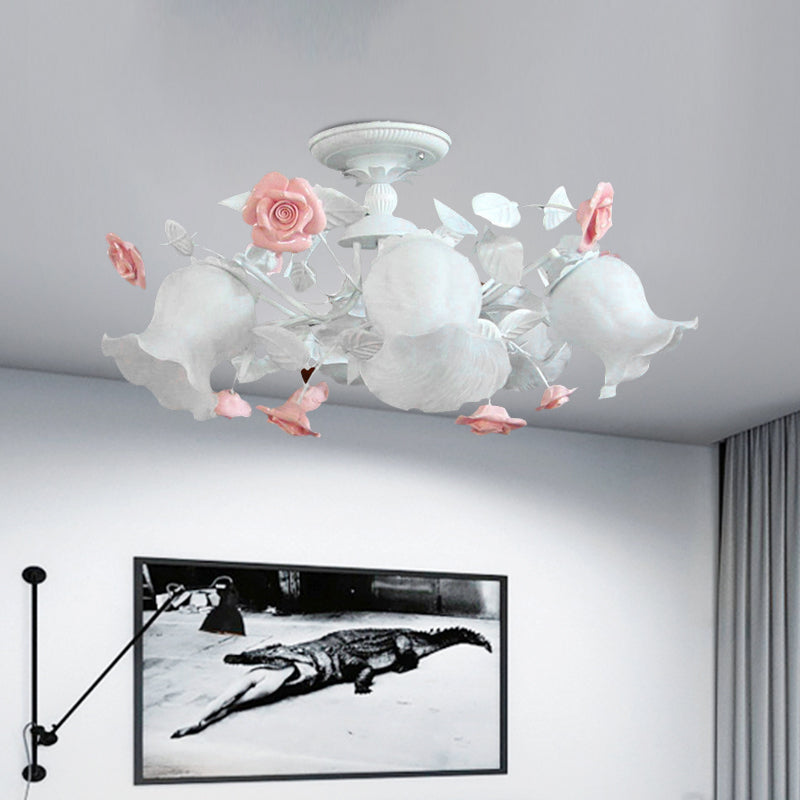 6 Heads Semi Flush Light Korean Garden Blossom White Glass Flush Mount Lighting Fixture Clearhalo 'Ceiling Lights' 'Close To Ceiling Lights' 'Close to ceiling' 'Glass shade' 'Glass' 'Semi-flushmount' Lighting' 1173620