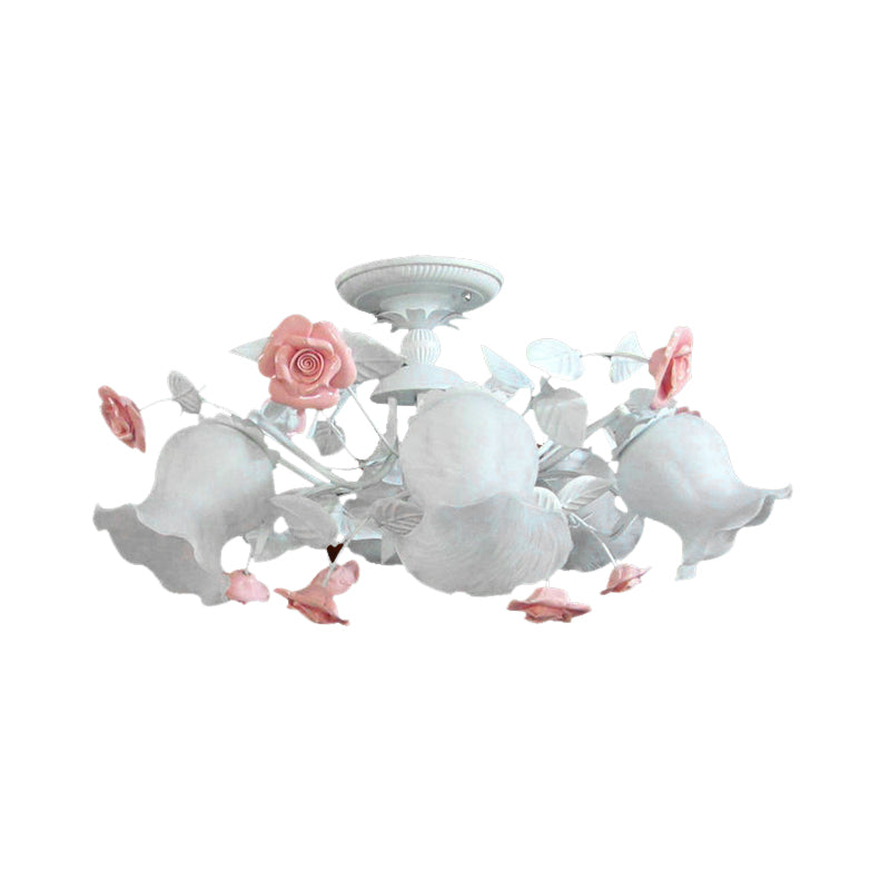 6 Heads Semi Flush Light Korean Garden Blossom White Glass Flush Mount Lighting Fixture Clearhalo 'Ceiling Lights' 'Close To Ceiling Lights' 'Close to ceiling' 'Glass shade' 'Glass' 'Semi-flushmount' Lighting' 1173621