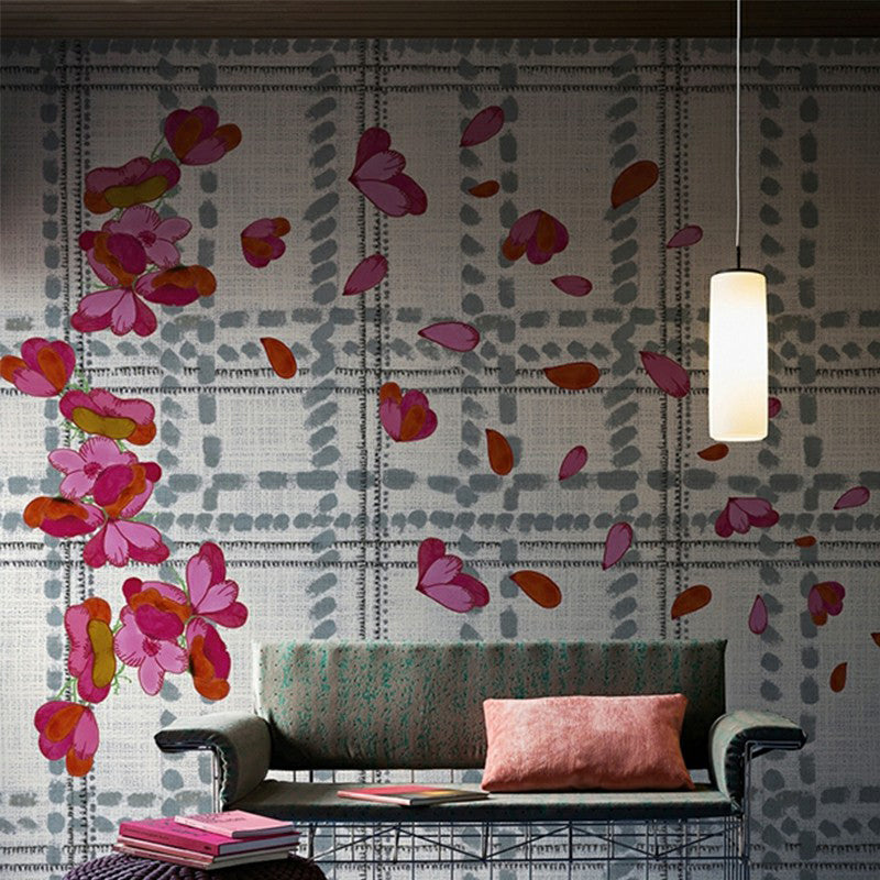 Stain Resistant Wallpaper Mural Modernist Non-Woven Wall Art with Tartan and Scattered Flower Pattern Navy-Red Clearhalo 'Wall Decor' 'Wall Mural' 1180819